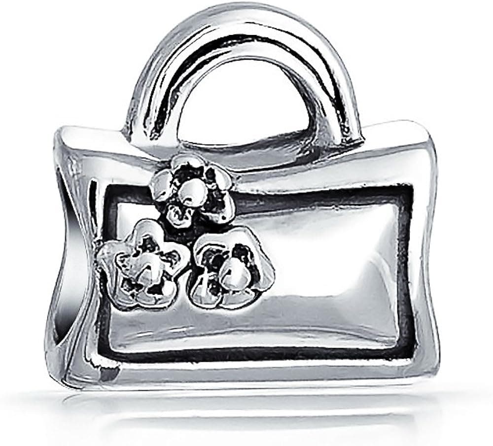 Fashion Flower Clutch Purse Pocketbook Hand Bag Charm Bead For Women For Teen Oxidized .925 Sterling Silver Fits European Bracelet