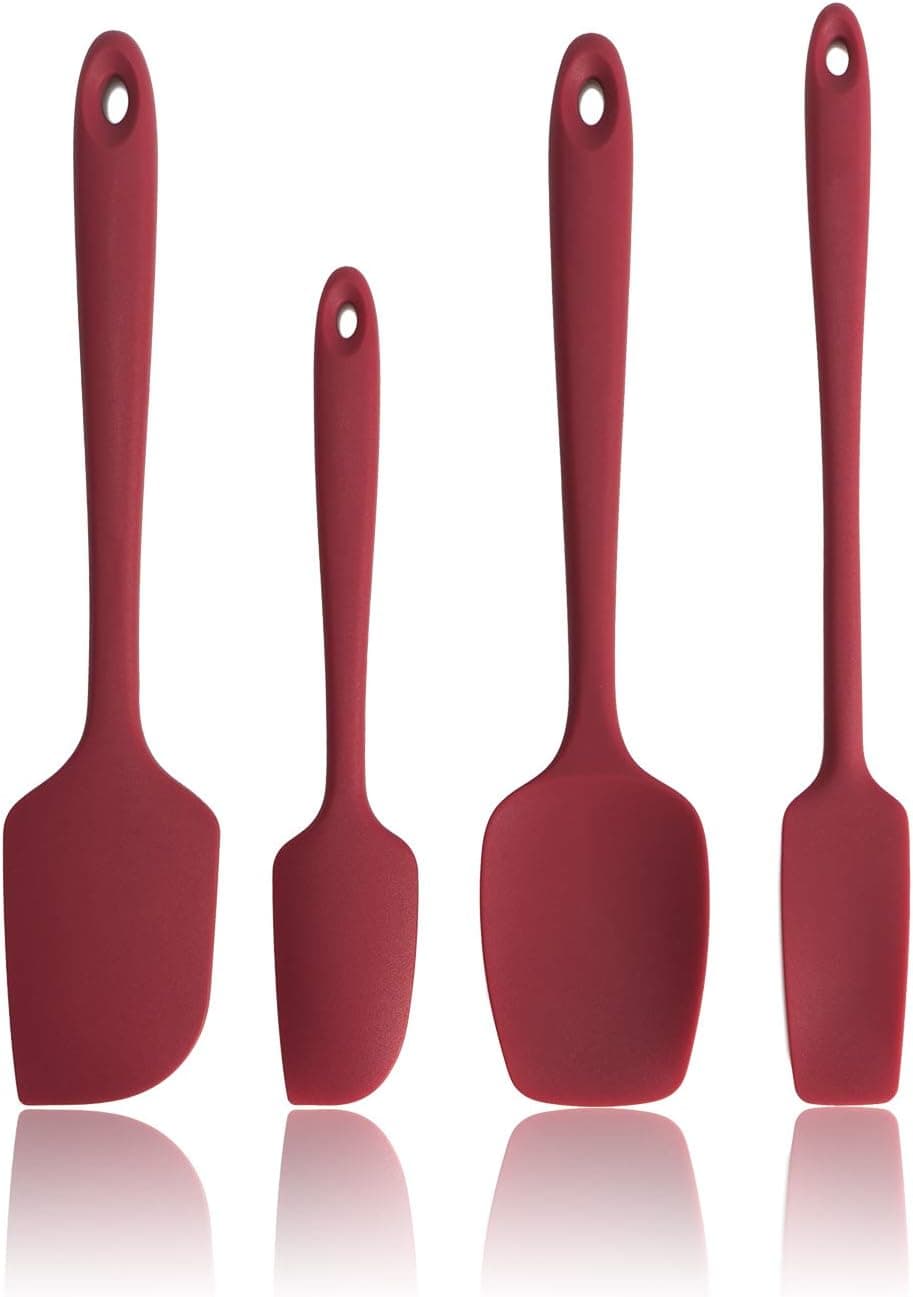 Silicone Spatula Set 4 Heat Resistant, Best Large Fda Rubber Kitchen Tools Kit with Stainless Steel for Cooking,Barking and Mixing-red