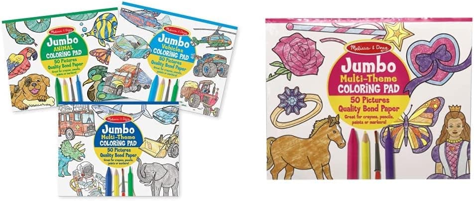 Melissa & Doug Jumbo 50-Page Kids' Coloring Pads Set - Animals, Vehicles, and More & Jumbo 50-Page Kids' Coloring Pad - Horses, Hearts, Flowers, and More