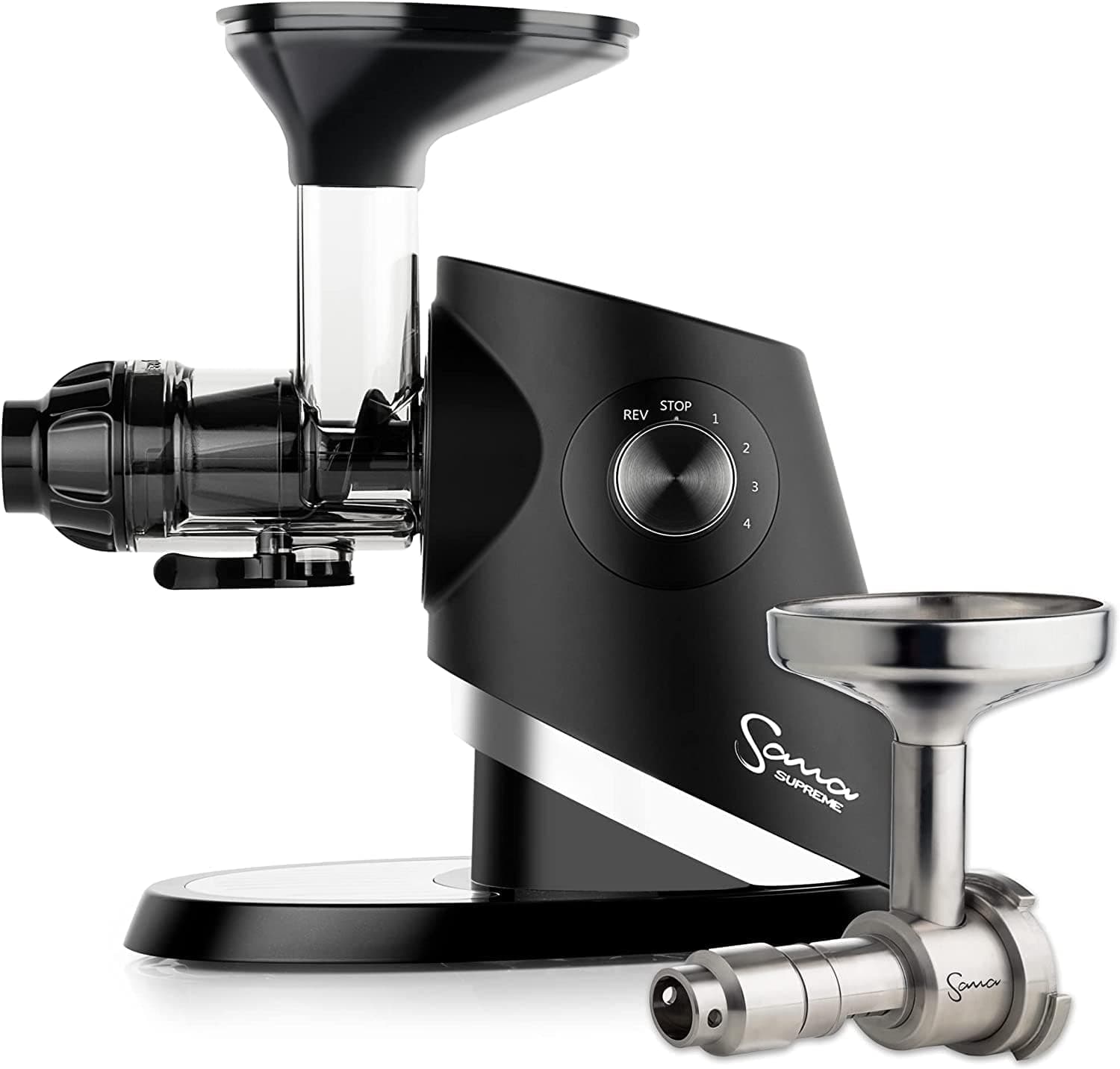 SANA Multi Use Masticating Slow Juicer & Cold Press Oil Extractor Supreme Set | Patented DC Motor | 4 Speeds, Food Grade Premium Accessories & Custom Recipe Book | 15 Year Warranty (Black)