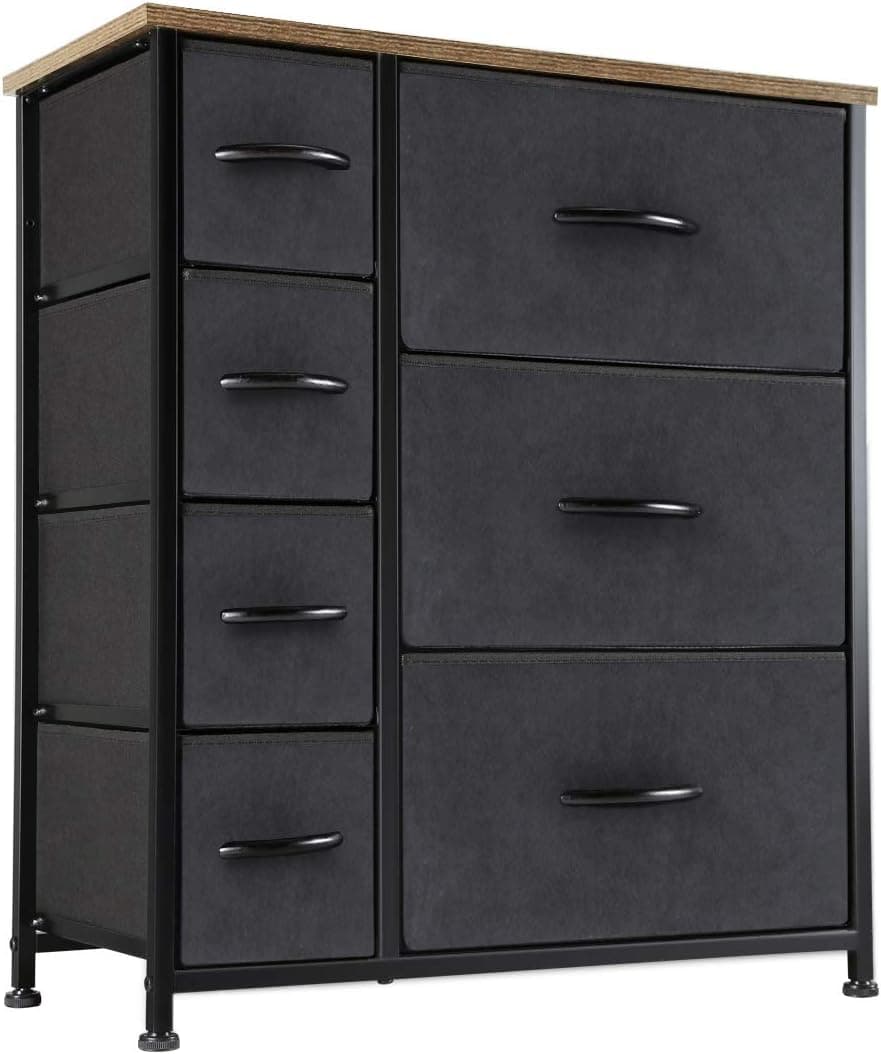 Kamiler 7 Drawers Dresser-Furniture Storage Unit,Bedroom Chest Organization-Closet for Clothes,Wood Top,Easy Pull Fabric Bins,Anti-Tip Kit (Black)