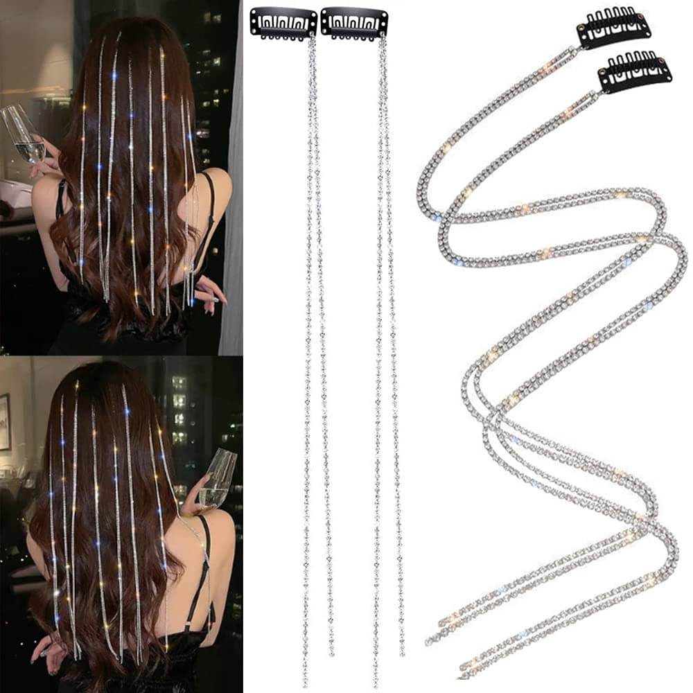Rhinestone Hair Chains Silver Crystal Punk Hair Clips Extensions Braided Hair Clip Tassel Bling Long Rhinestone Decorative for Women Girls Party Gift Accessories 4 PCS