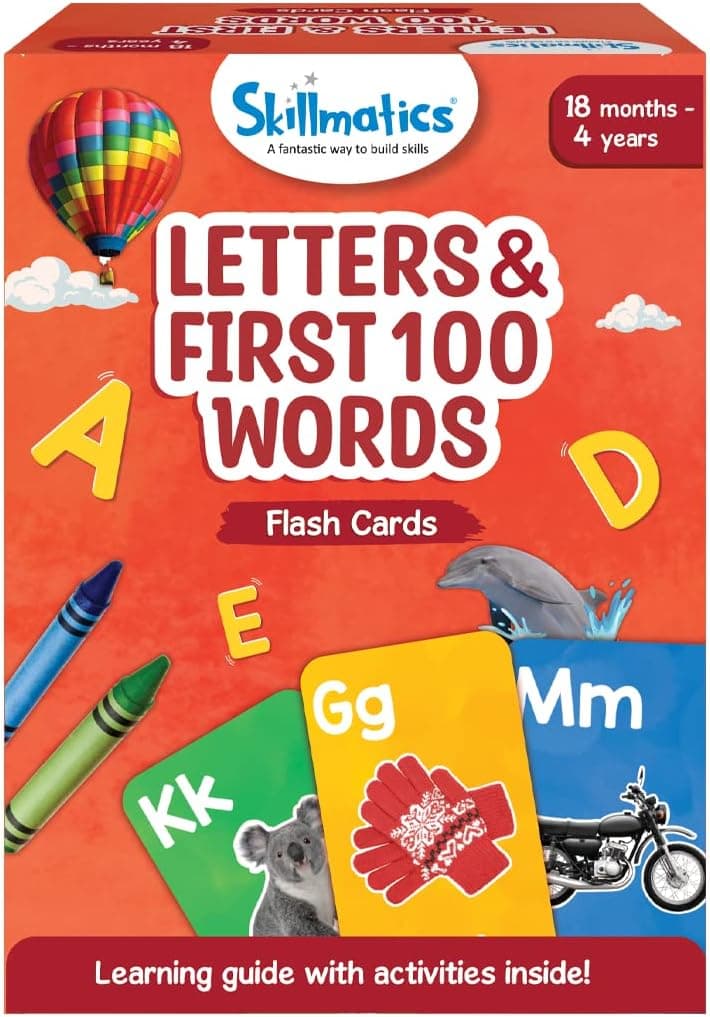 Skillmatics Thick Flash Cards for Toddlers - Letters & First 100 Words, 3 in 1 Educational Game, Gifts, Includes Learning Activities for 18 Months to 4 Years - 100 Pictures