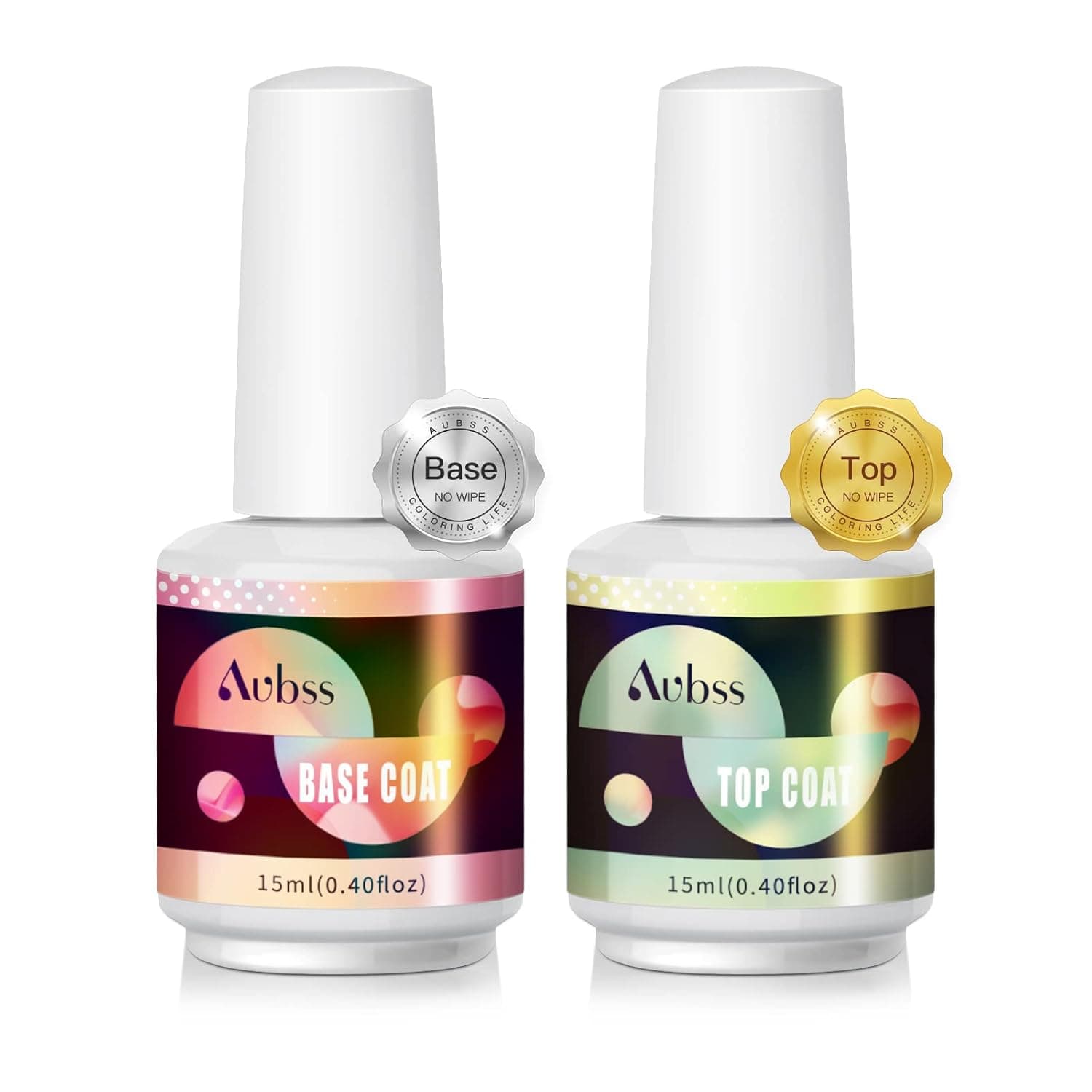 AUBSS 15ml Gel Base and Top Coat Set, Gel Top Coat Nail Polish, No Wipe Soak Off LED Gel Long Lasting Shine Finish Top Coat Nail Polish for Nail Art