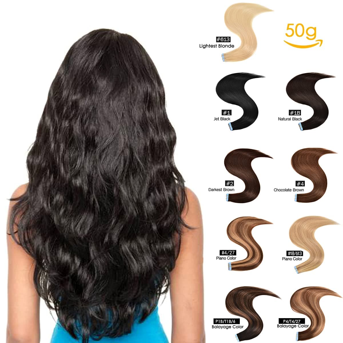 GEELOOK Tape in Hair Extensions Human Hair 14 inch Skin Weft Tape in Straight Thick Natural Hair Extensions with 12 Pieces Replacement Tape 20pcs 50g Natural Black #1B