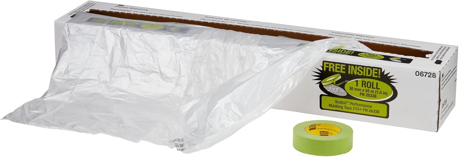 3M Overspray Protective Sheeting With 233+ Masking Tape (36 mm), 06728, Translucent, Paintable, High Density, Tear Resistant, 16 ft x 400 ft