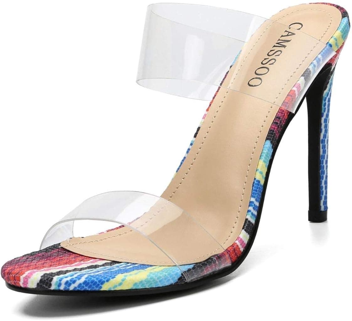 Summer Heeled Slipper Fashion Peep Rount Toe Stiletto High Heel Dress Slip on Mules Flower PU Size 9