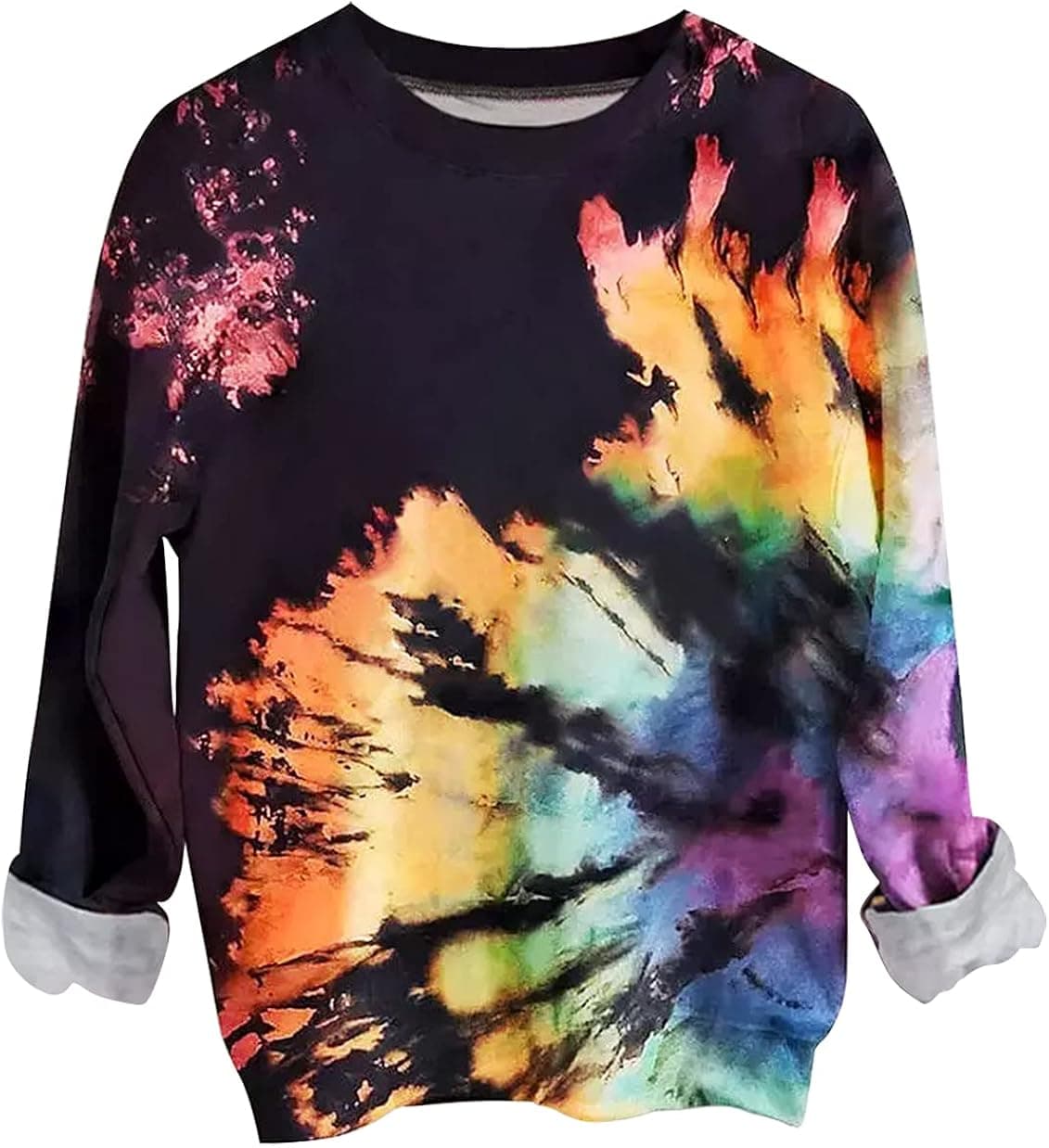Reverse Tie Dye Rainbow Sweatshirt for Women Fall Casual Crewneck Pullover Tops Long Sleeve Lightweight Sweatshirt Shirt