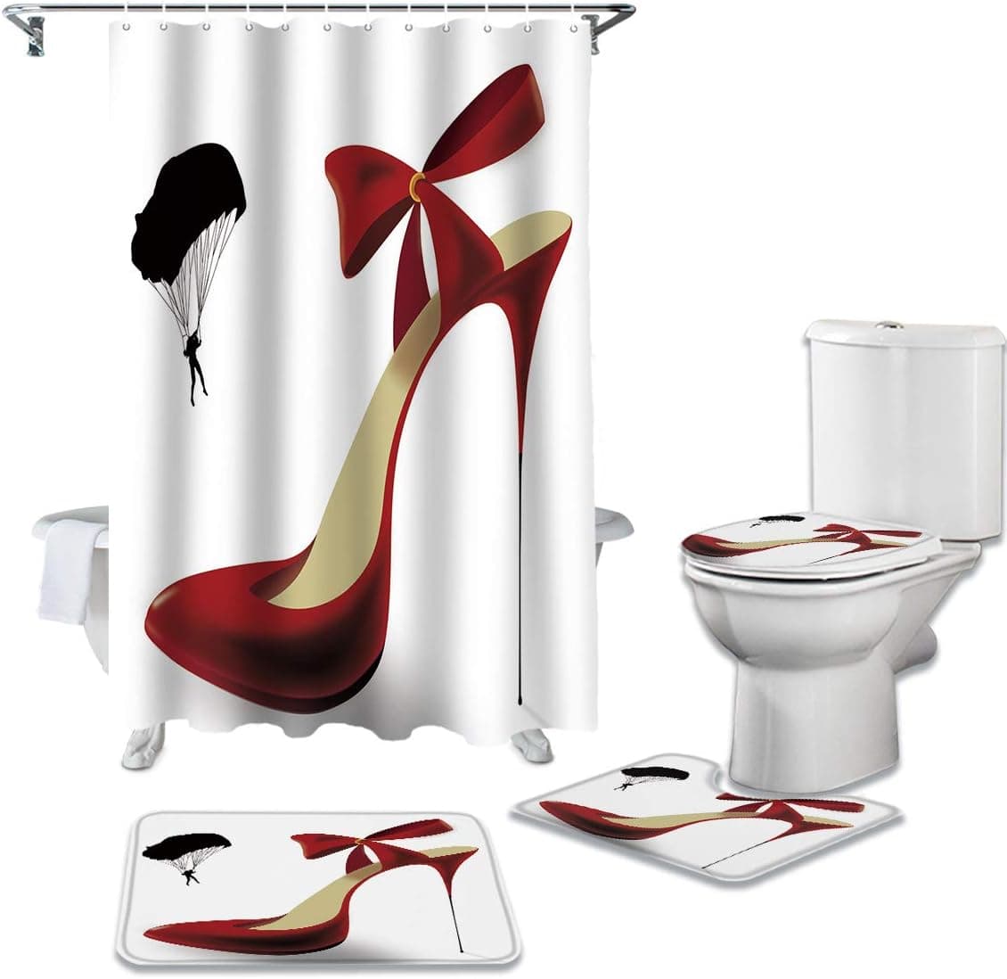 Big buy store 4 Pcs Shower Curtain Sets Red High Heels Waterproof Fabic Bathroom Set with Non-Slip Rugs Toilet Lid Cover Bath Mat, Black Parachute Shower Curtain with Hooks -36x72 inch, Large