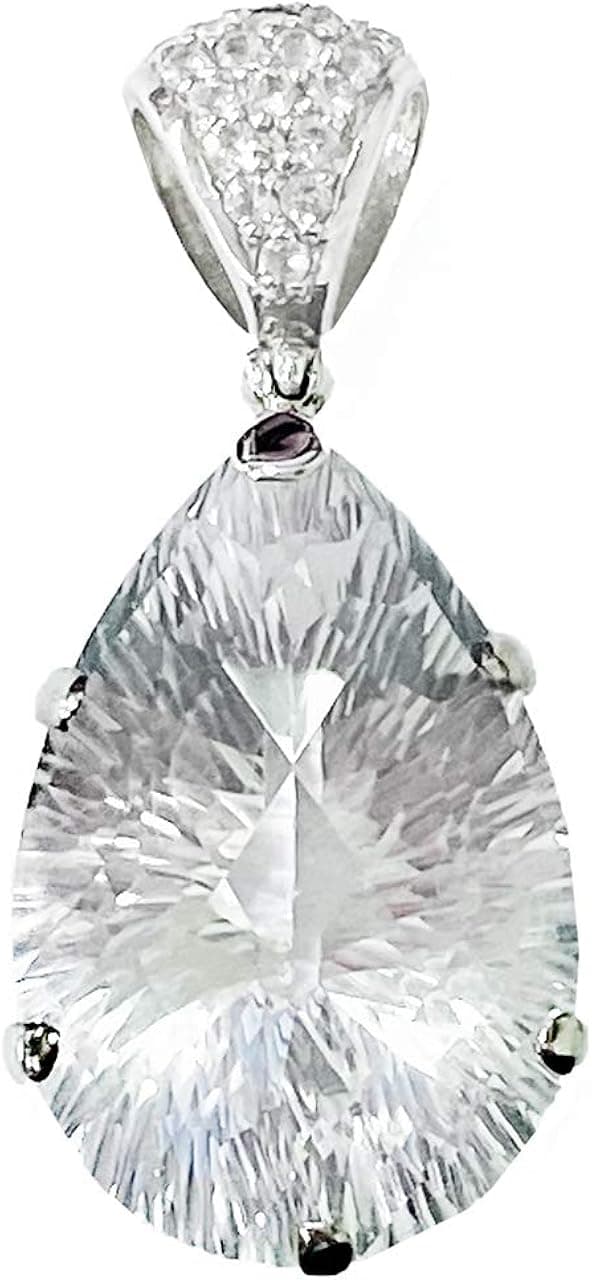 Starborn Creations Sterling Silver Concave Cut Faceted Clear Quartz with White Topaz Pave Pendant