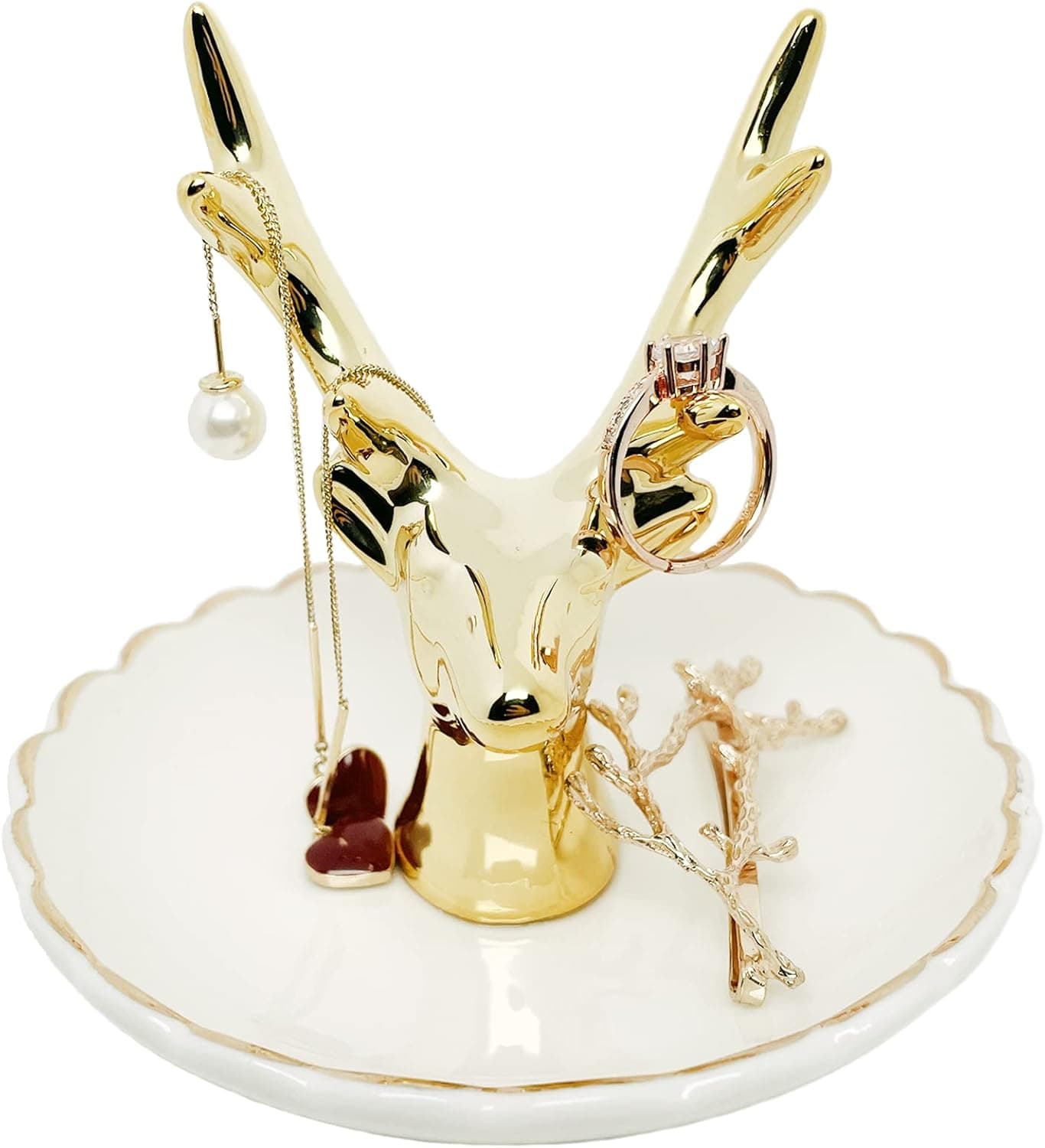 MISSJAY Gilded Ceramic Ring Holder with White Dish, Decorative Jewelry Holder Trinket Storage Home Decor, Christmas Birthday Valentine's Day Engagement Wedding Gifts for Women Girls (Deer)