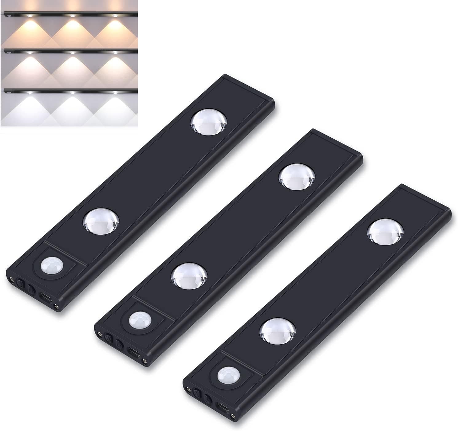 HZXINWANG LED Motion Sensing Cabinet Light, Counter Wall, Wireless USB Rechargeable Kitchen Night, 3 Modes, Adjustable Color Temperature/Brightness, Wardrobe, (Black, 20CM（3 packs）), UCL-001