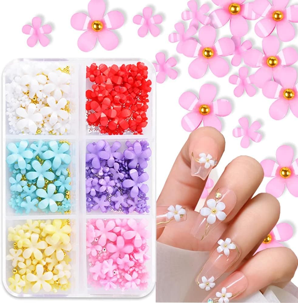 3D Flower Nail Charms for Acrylic Nails, 6 Grids 3D Nail Flowers Rhinestone White Pink Blue Cherry Blossom Acrylic Nail Art Supplies with Pearls Manicure DIY Nail Decorations
