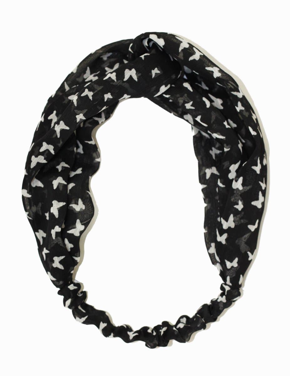 Knotted Chiffon Butterfly Printed Black Headwrap Headband