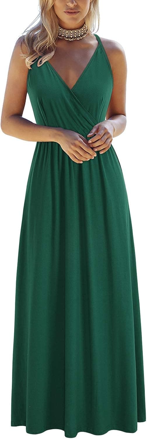 OUGES Women's Deep V Neck Floral Adjustable Spaghetti Strap Beach Maxi Dress