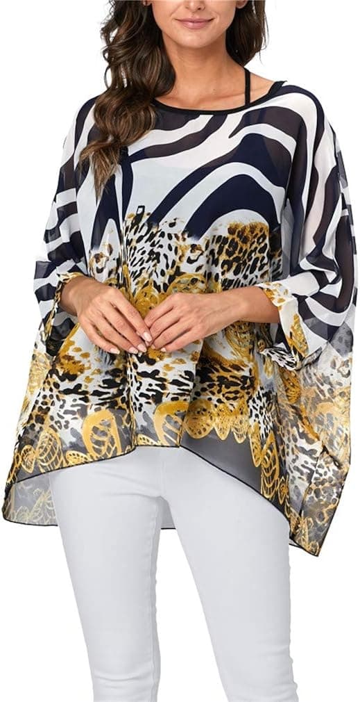 Vanbuy Womens Summer Printed Batwing Sleeve Top Chiffon Poncho Casual Loose Sheer Blouse Shirt