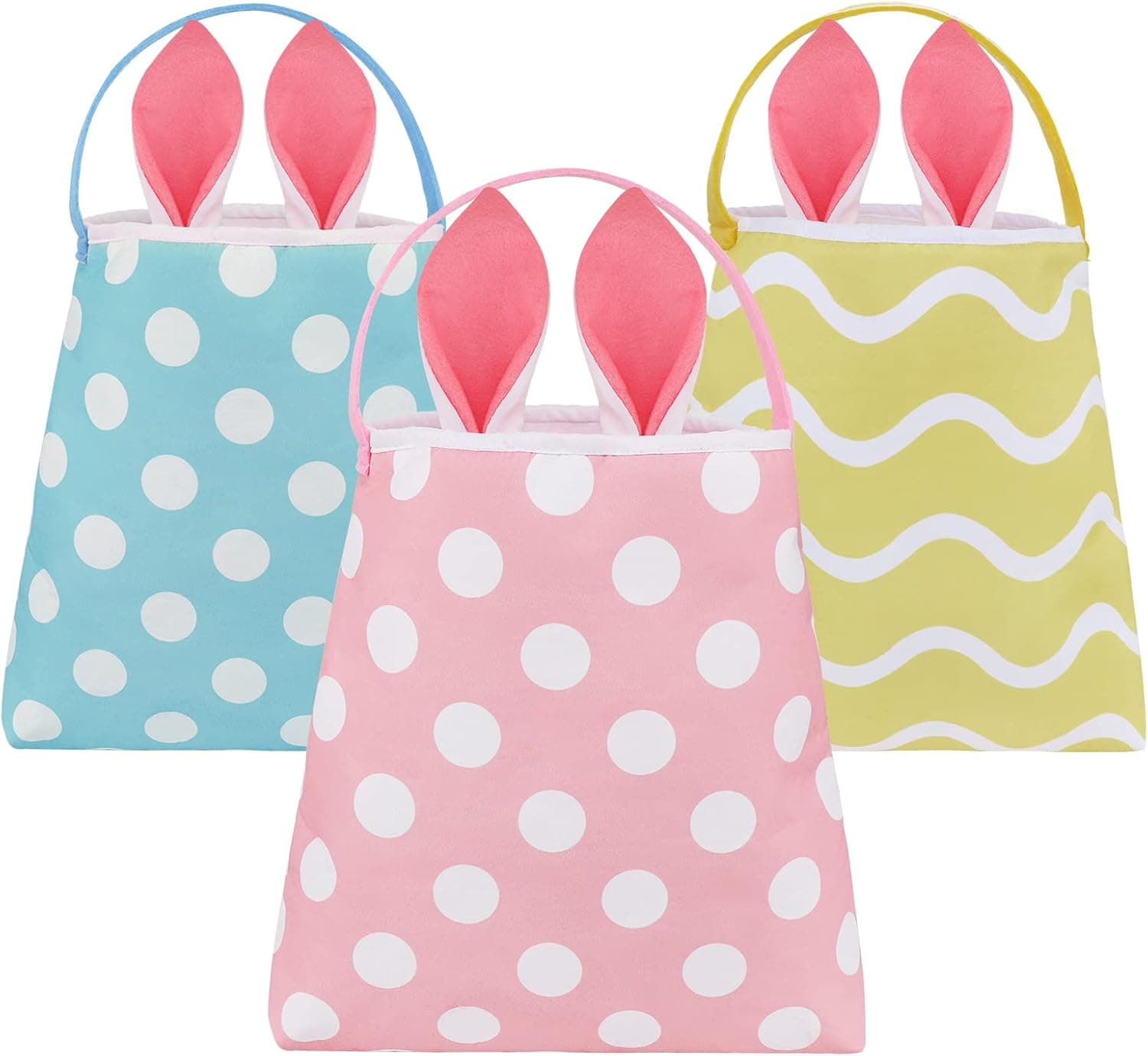 Ivenf Easter Tote Bags with Bunny Ears 3ct, Pink Blue Yellow Easter Gift Bags for Hunt Games Eggs, Kids School Home Party Supplies Decorations