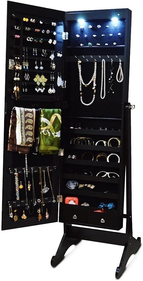 Black - Mirrored Jewelry Cabinet Armoire Stand, Free LED Light