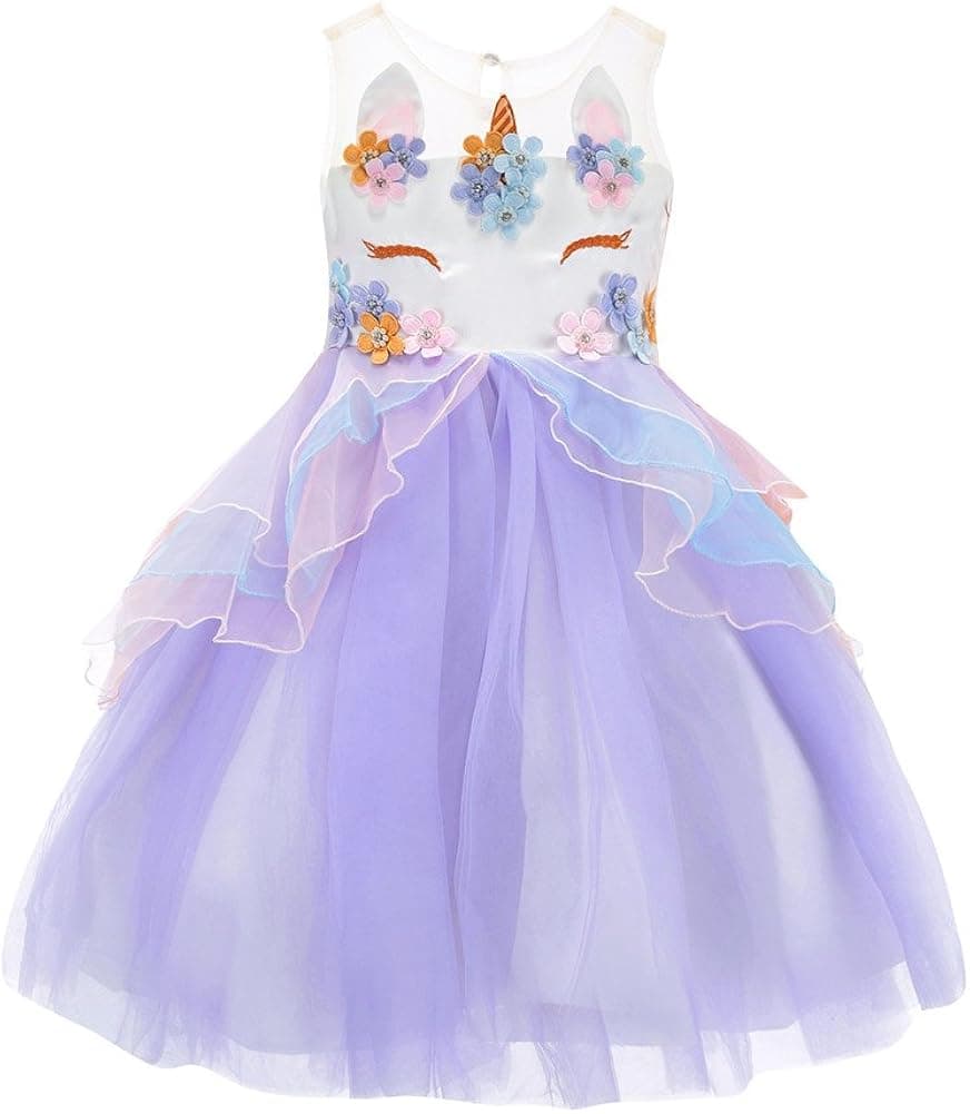 Flower Girl Rainbow Unicorn Tulle Dress with 3D Embroidery Beading Kids Birthday Party Ball Gowns (Purple, 150(10-11Y))