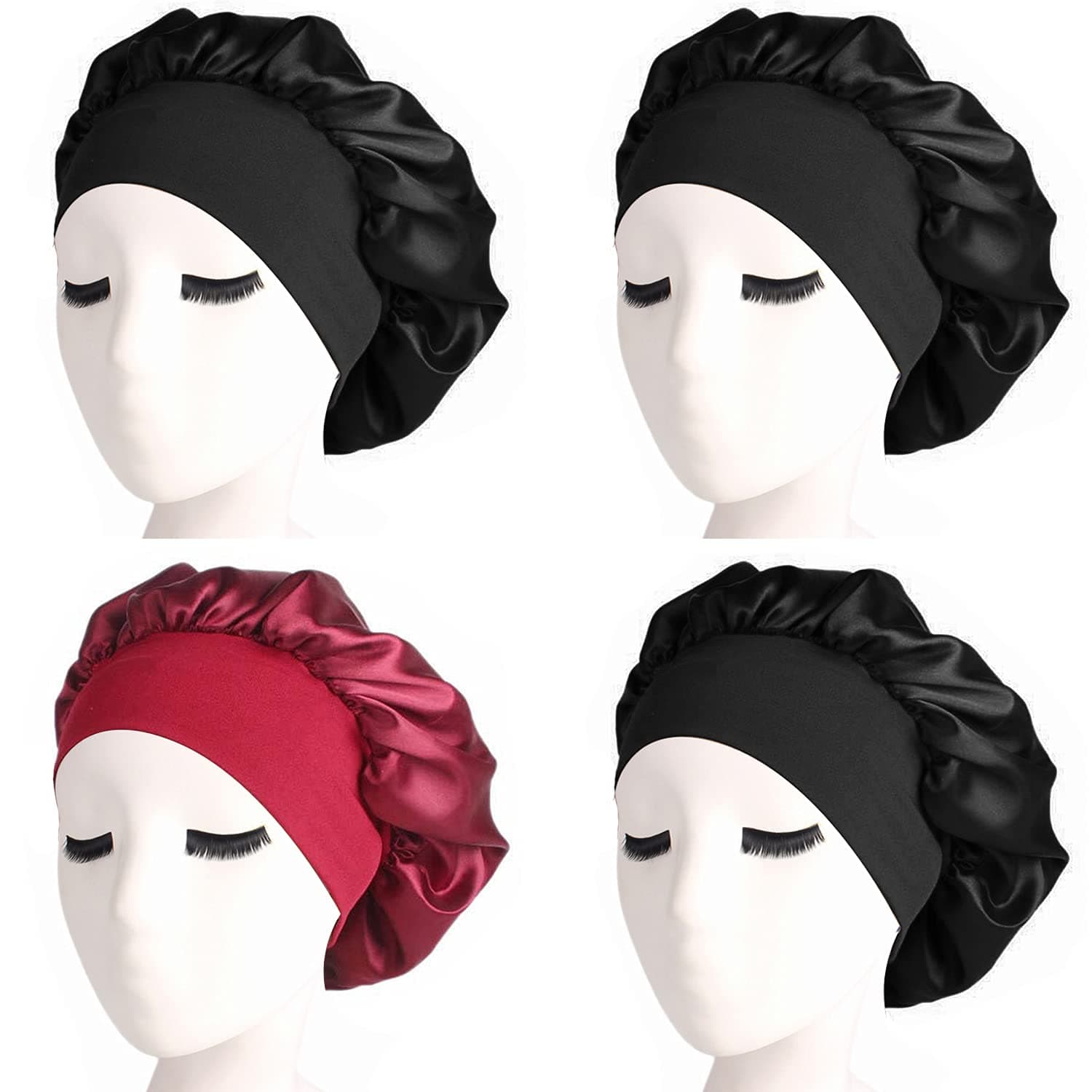 4 Pieces Satin Sleep Cap Elastic Wide Band Hat Night Sleeping Head Cover