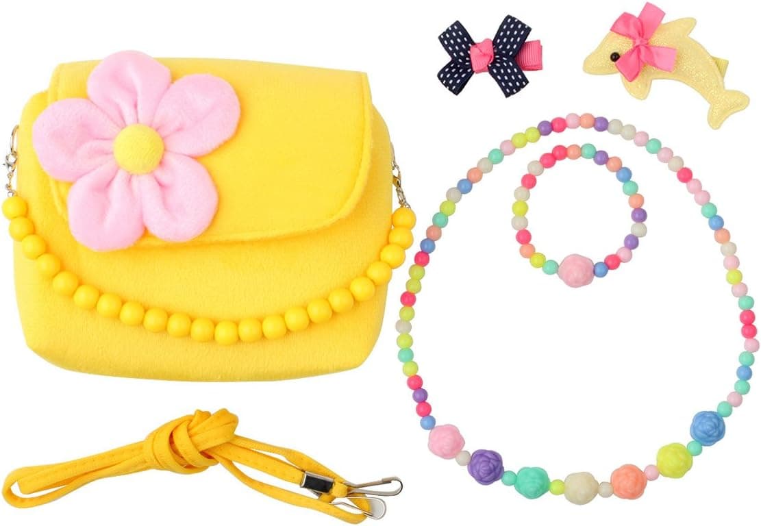 Slowera Little Girl Beauty Set Plush Handbag 2 Hair Clips Necklace and Bracelet (Yellow)
