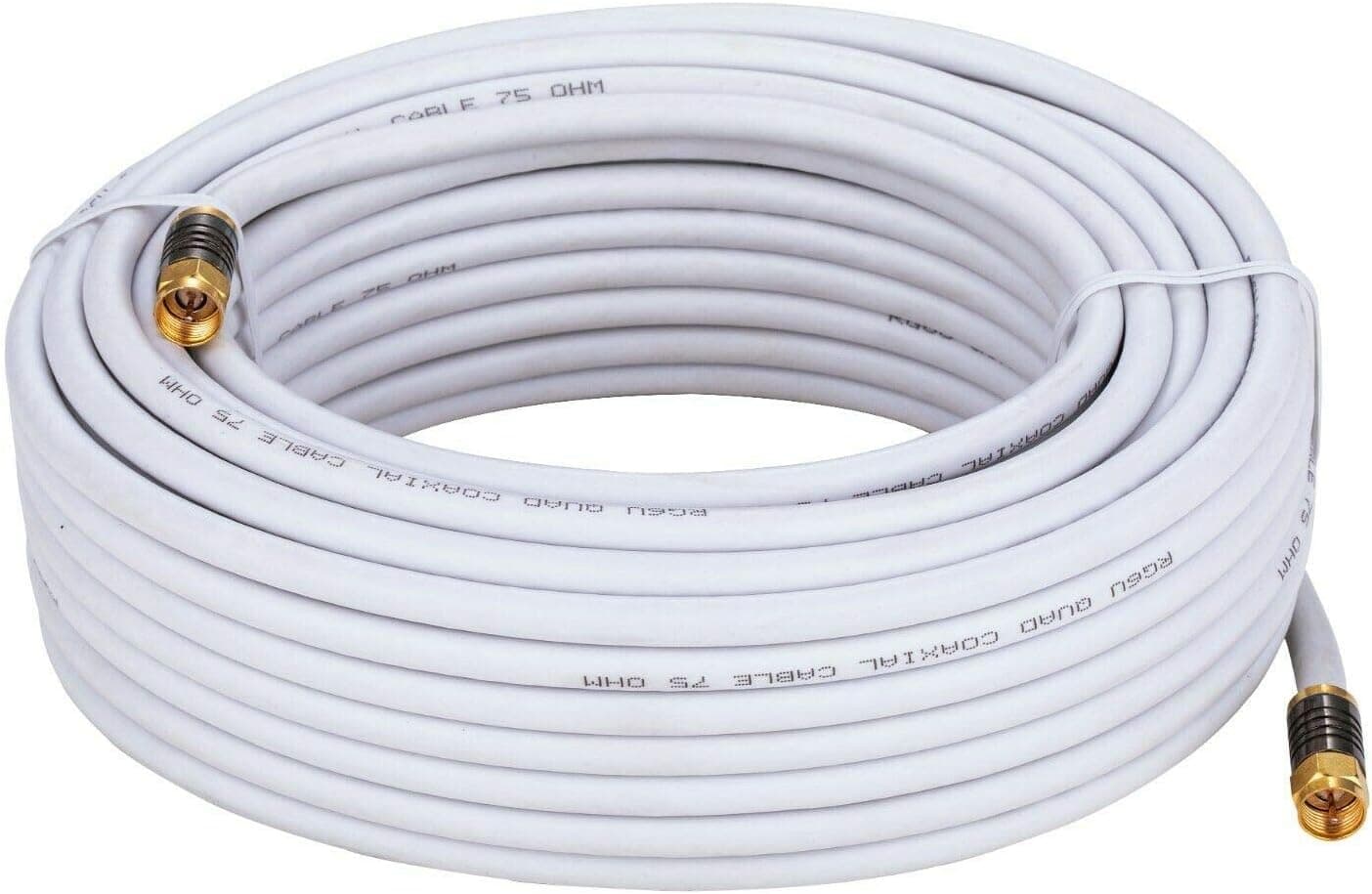 Cables Direct Online 50ft White Quad Shield RG6 Coax Cable F Pin Coaxial Tip BNC Extension Wire for Satellite Dish Cable TV Antenna