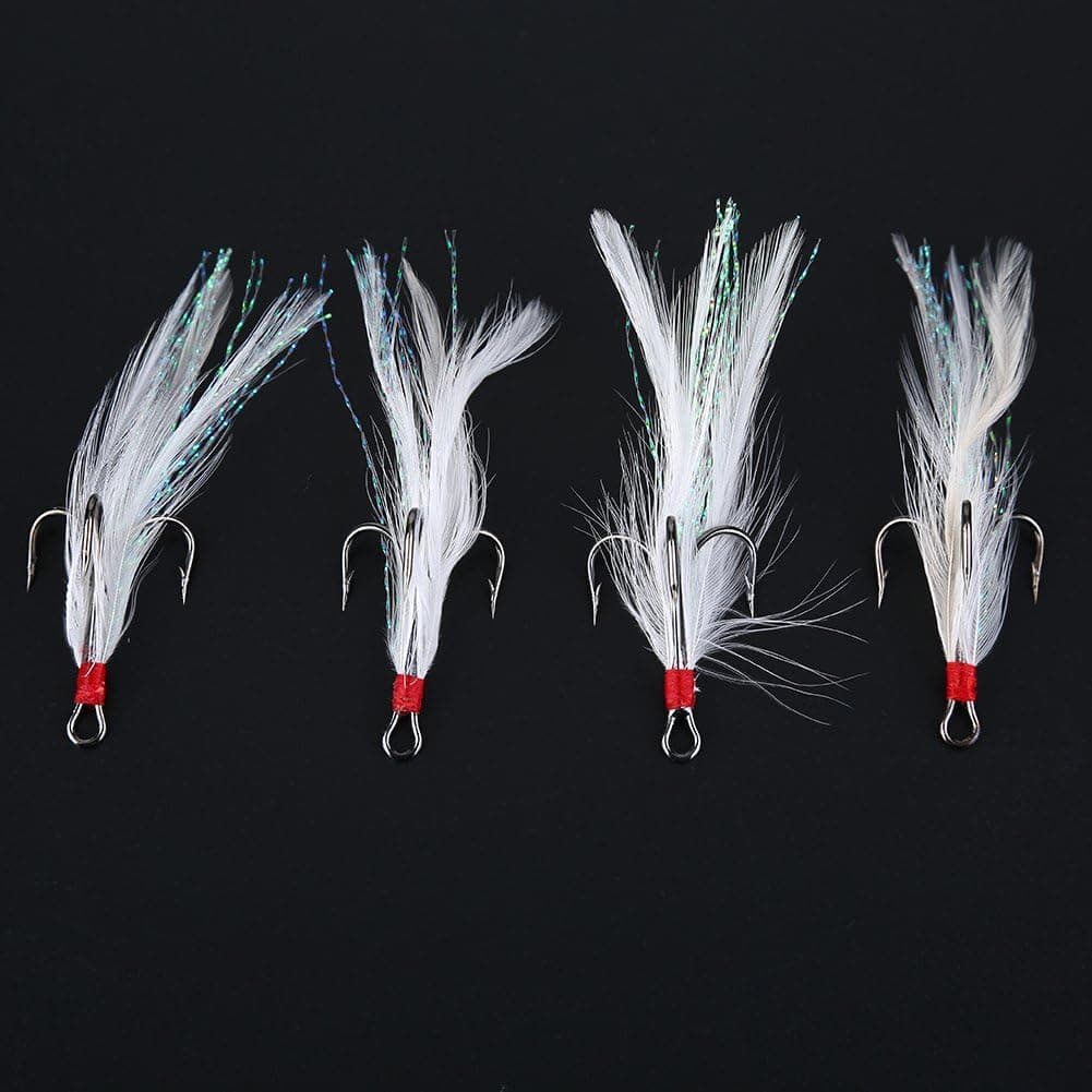 VGEBY 20 Pcs Fishing Hooks Feather Dressed Round Bend Treble Hook Fish Baits Tackle Accessory (4#)