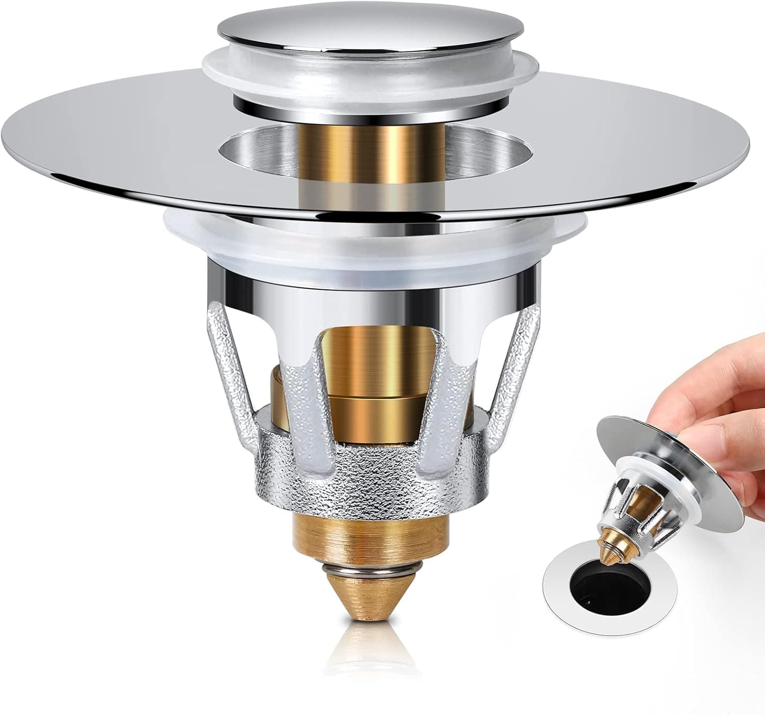 Universal Bathroom Sink Stopper, for 1.1-1.5 Inch Bullet Core Push Type Basin Pop Up Drain Filter, Sink Drain Strainer Plug No Overflow with Basket Hair Catcher