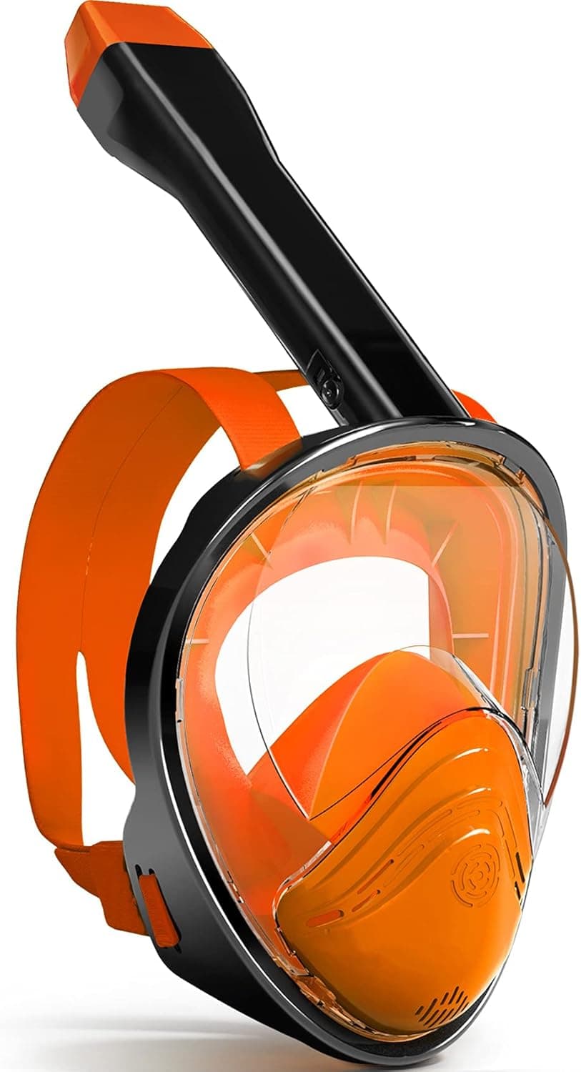 Full Face Snorkel Mask, Snorkeling Gear Mask with Latest Dry Top System for Adults, 180 Degree Panoramic View Anti-Leak/Anti-Fog with Detachable Camera Mount (Orange, S)