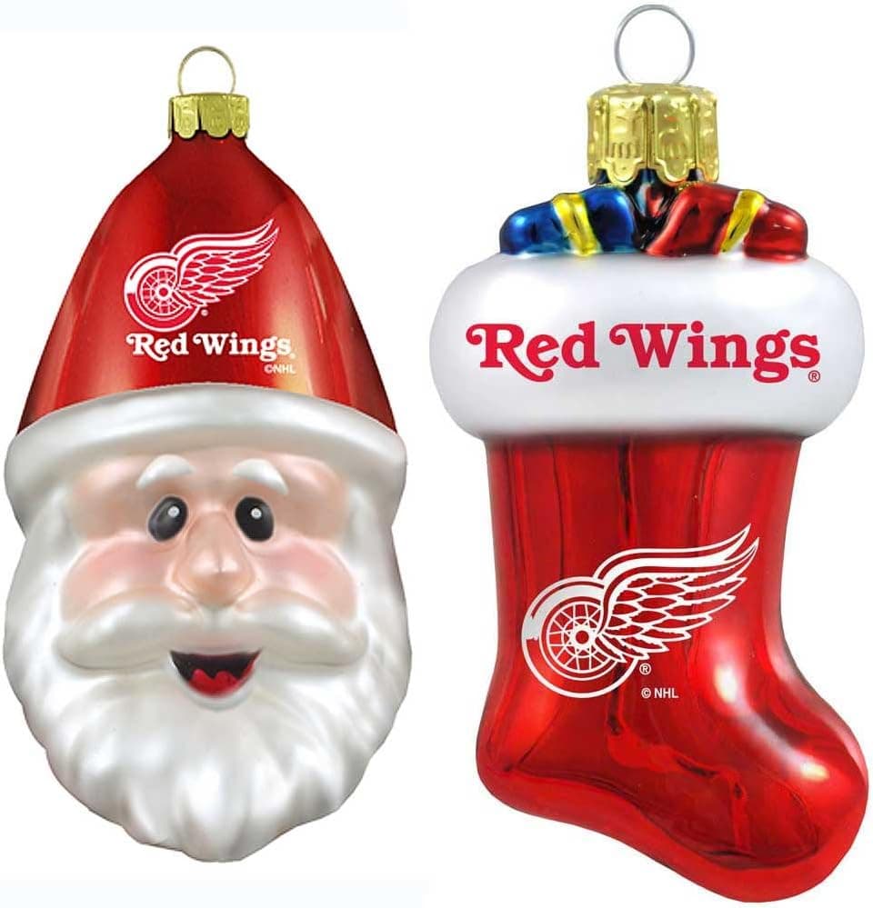NHL Detroit Red Wings Blown Glass Stocking and Santa Cap Ornament 2-Pack
