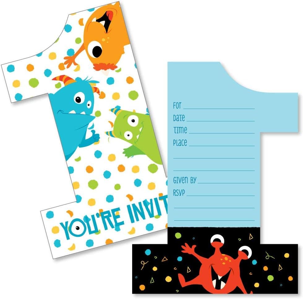 1st Birthday Monster Bash - Shaped Fill-In Invitations - Little Monster First Birthday Party Invitation Cards with Envelopes - Set of 12