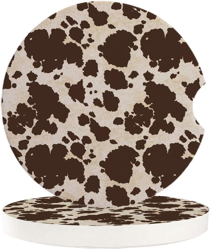 Cup Holders Car Coasters for Women/Men - 2 Pack Absorbent Ceramic Stone Drinks Coaster Set, Brown Cowhide Cow Skin Print