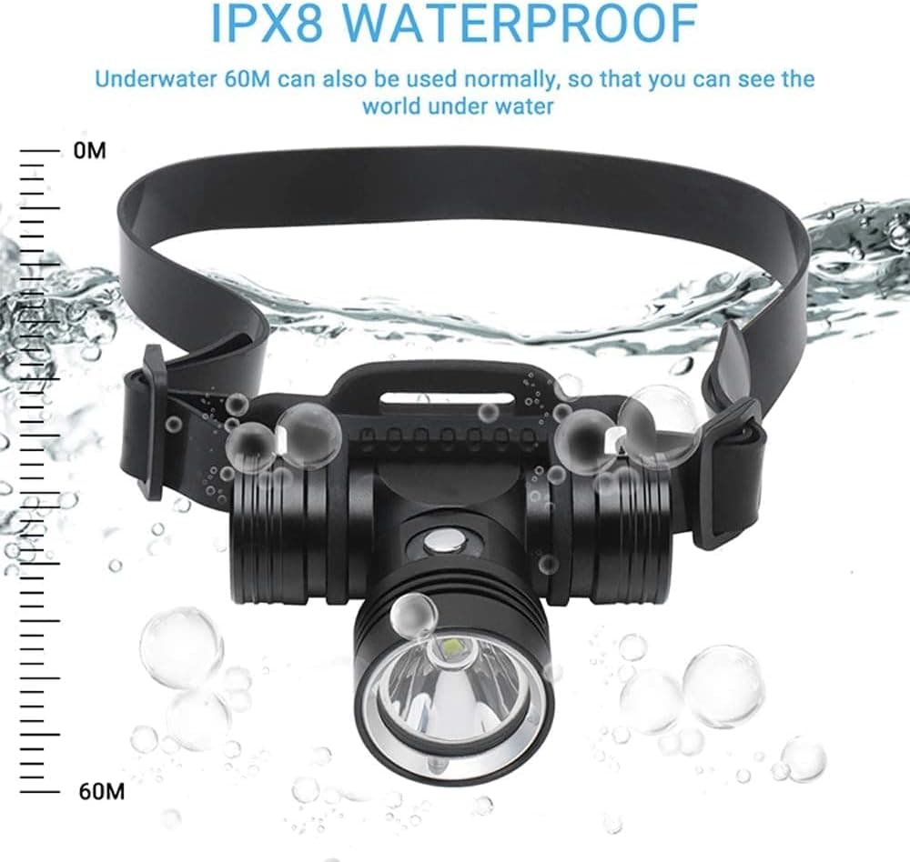 Super Bright Diving Headlamp Swimming Headlight Waterproof High Power Lumens Safety Head Light Flashlight Diver Submarine Head Torch Scuba Safety Lights Lamp Comfy Adjustable Strap