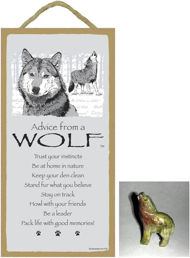 Love&Laughter 5" X 10" Advice from A Wolf Wood Plaque Inspirational Sign with Miniature Dolomite Wolf Spirit Animal Gift