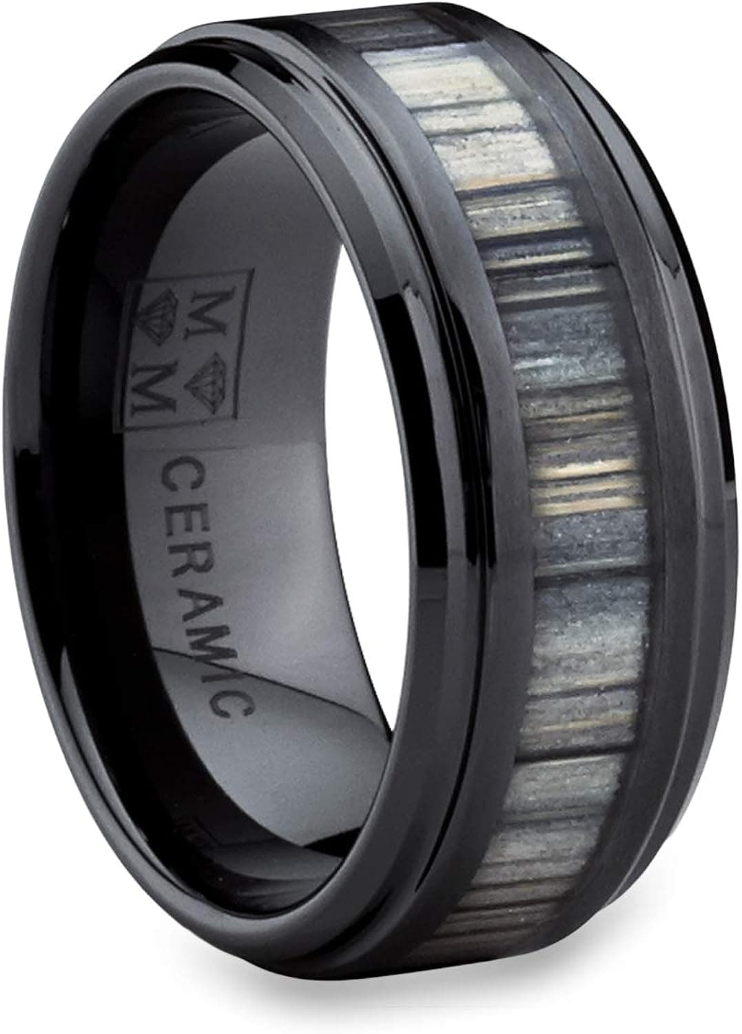 Men's Black Ceramic Wedding Band Ring with Real Zebra Wood Inlay, 9MM Comfort Fit