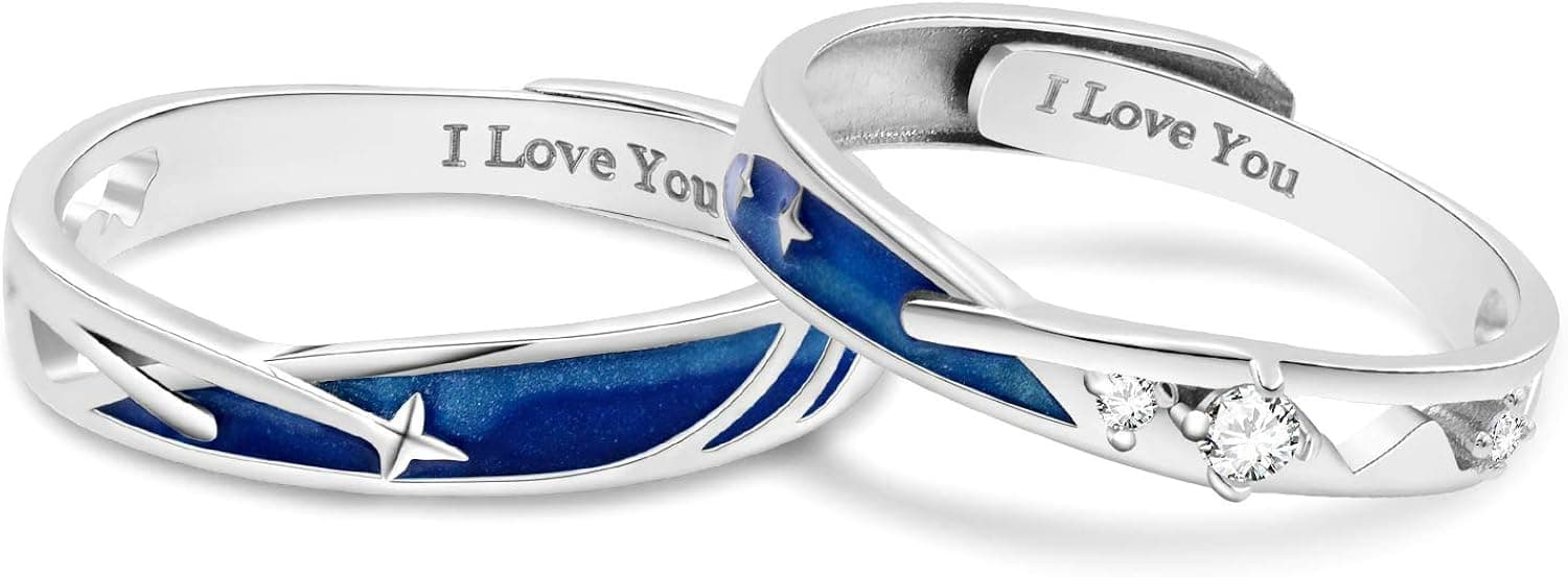 ANAZOZ Wedding Rings Set for Him and Her, S925 Sterling Silver Cubic Zirconia Silver Blue Adjustable His and Her Rings