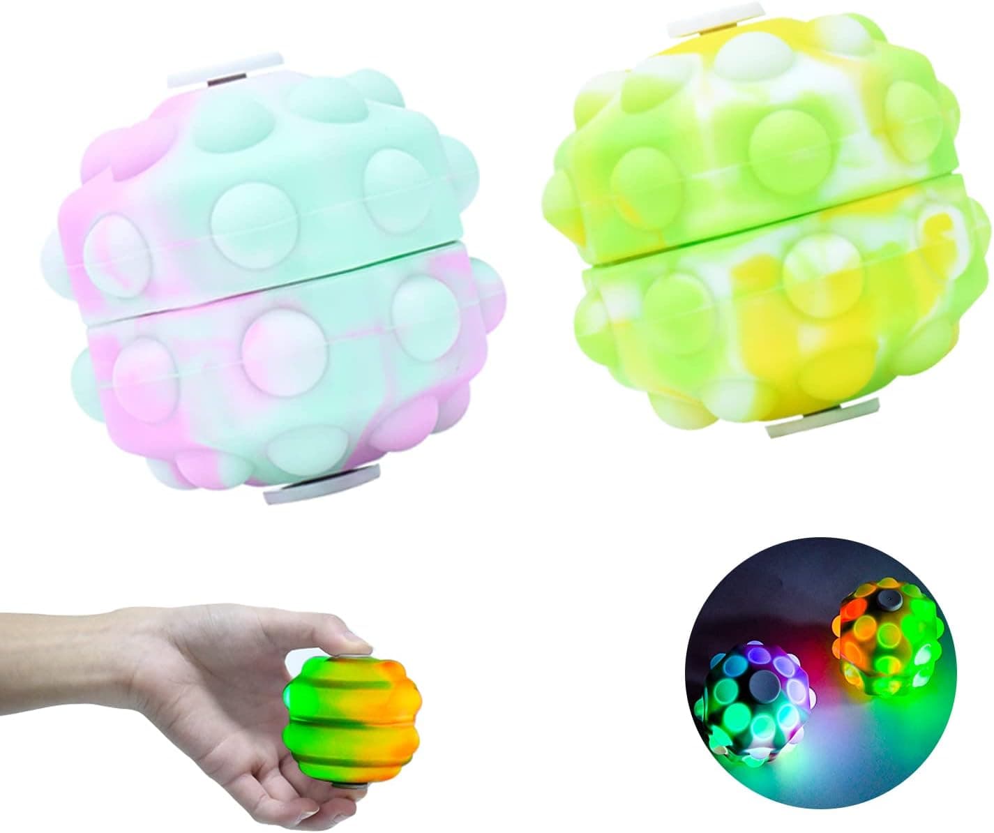 2 PCS Pop Stress Ball Fidget Toys, Silicone Flashing Spinning Ball, Anti Stress Toy Popper Balls Fidget Toy, 3D Bubble Squeeze Ball Toy for Kids Adult, Gift, Game