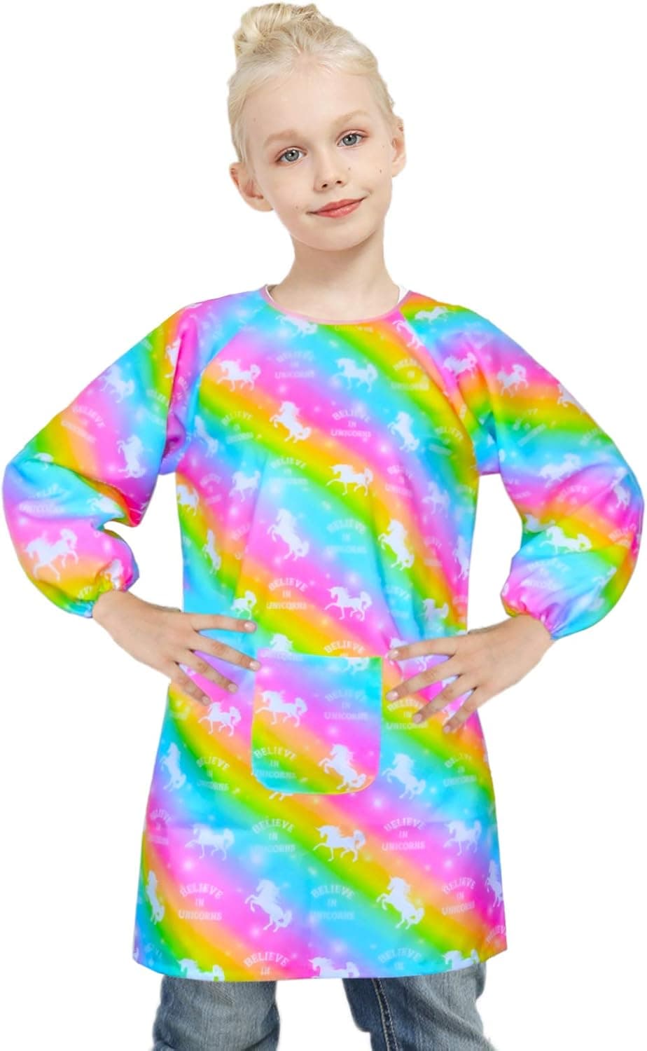Kids Art Smock Unicorn Painting Artist Apron Waterproof Paint Smocks Girls Boys Long Sleeve with Pocket for Child 8-12 Years, Large