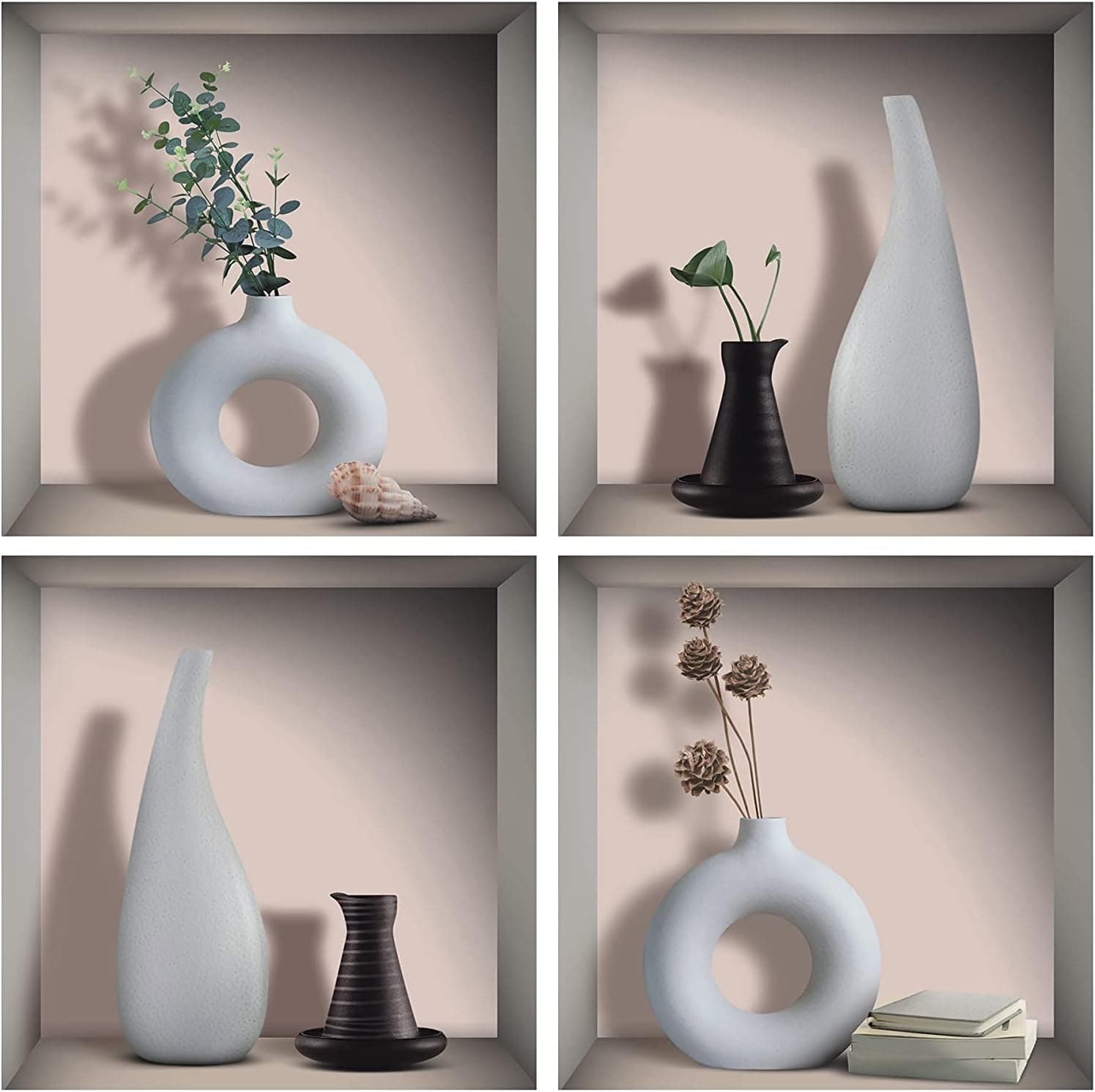 TOARTi 3D Watercolor Modern Vase Wall Stickers, White&Black Vases Decal for Living Room Dining Room Bedroom Decor, Creative Botanical Wall Art Mural Decoration, Set of 4 (12”x12”)