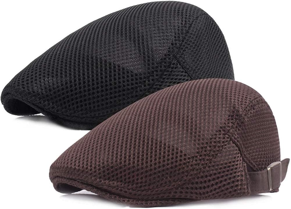 2 Pack Men Breathable mesh Summer hat Newsboy Beret Ivy Cap Cabbie Flat Cap Brown/black