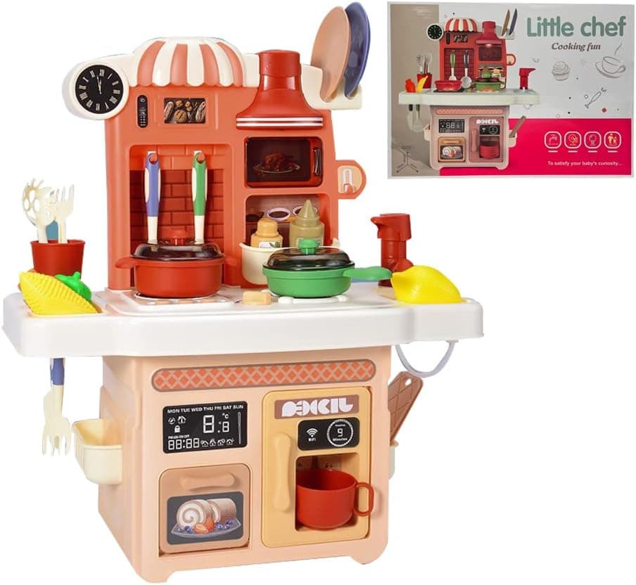 FENJIKOL Kids Kitchen Playset, Play Kitchen Toy with Realistic Lights & Sounds, 23 Kitchen Accessories Smoke Machine&Play Sink , Learning Gift，Toys Suitable for Children Under 3 Years Old