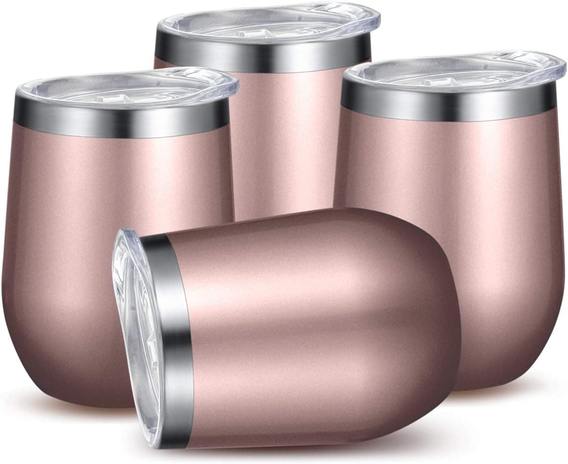 Fungun, 12 Oz Stainless Steel Glass, Unbreakable Double Wall Cup Insulated Tumbler with Lids for Wine, Coffee, Drinks, Cocktails, Champagne(Rose Gold)