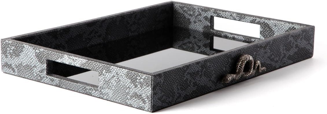 Charcoal Gray Faux Snakeskin Leather Tray with Silver Snake | Medium Serving Ottoman Coffee Table Decorative Entertaining Vanity Jewelry Storage Handmade Rectangle Catchall Organizer Bathroom Decor