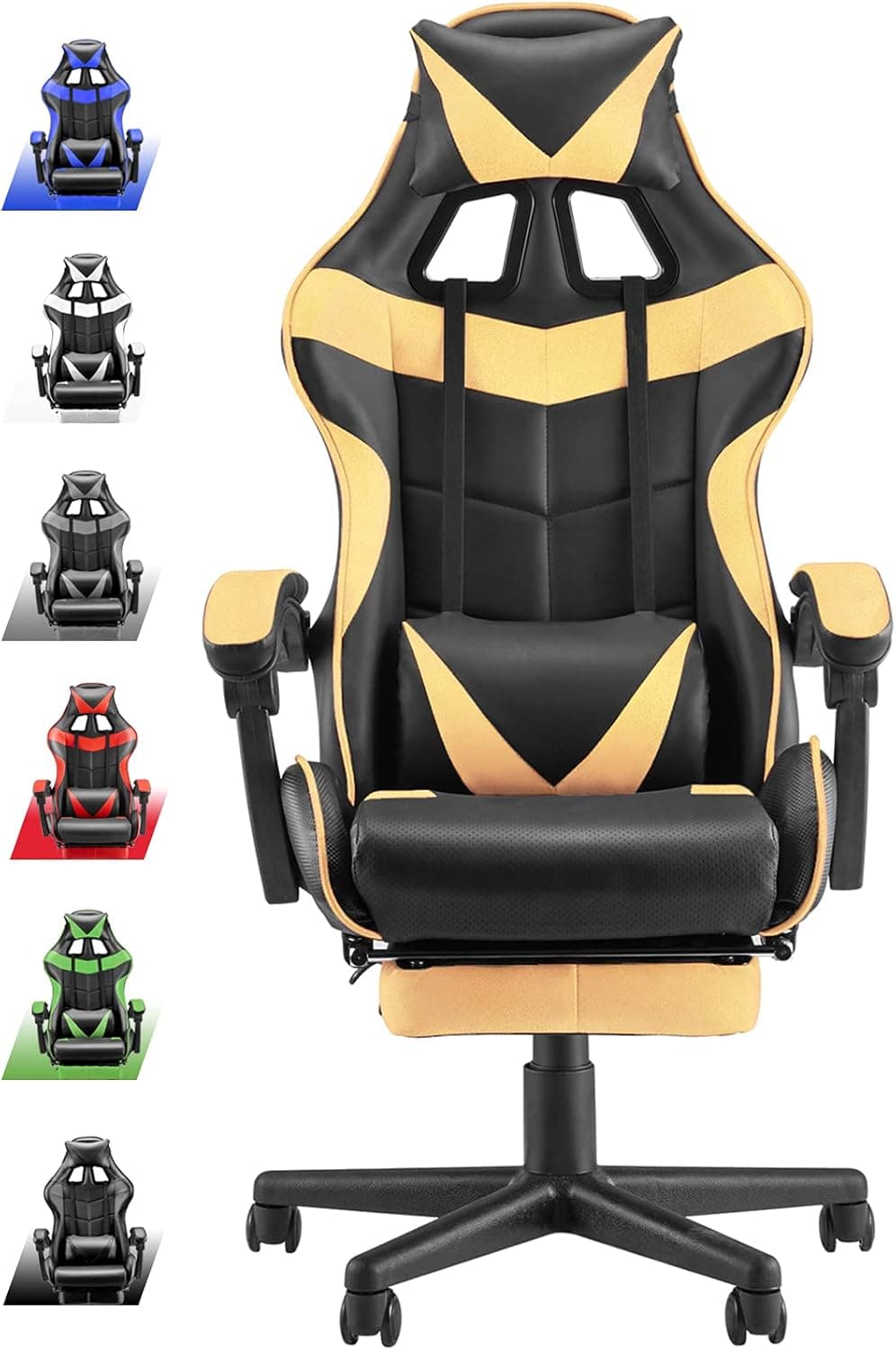 Soontrans PC Gaming Chair Ergonomic Office Chair with Retractable Footrest Adjustable Headrest and Lumbar Support Racing Chair for Gaming,Video Gaming Chair E-Sports Chair (Gold)