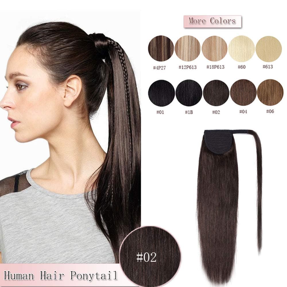 14 Inches Wrap Around Human Hair Ponytail Extensions 100% Remy Human Hair Pony Tails Long Straight Silky With Comb Clip in One Piece Wrap Pony Tail Extensions For Women #2 Dark Brown 70g