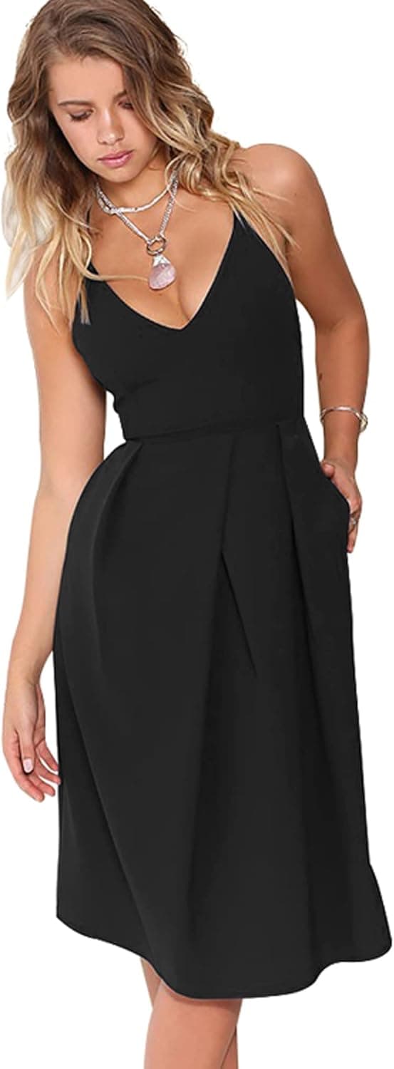 Eliacher Women's Deep V Neck Adjustable Spaghetti Straps Summer Dress Sleeveless Sexy Backless Party Dresses with Pockets