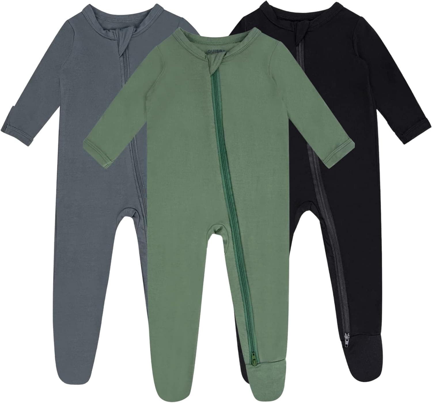 Bamboo Baby Footed Pajamas with Mittens for Girls Boys, 2 Way Zipper Long Sleeve Sleepers 3-pack