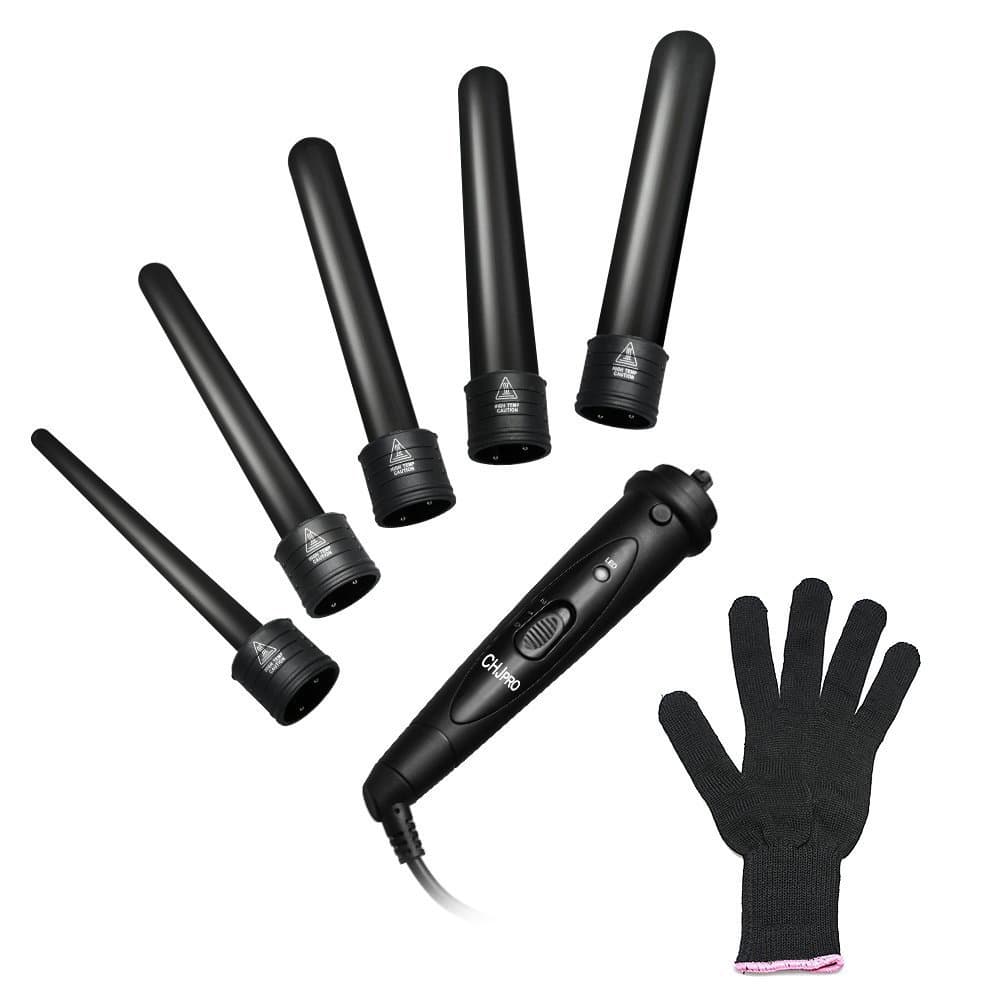 CHJPro 5 in 1 Hair Curling Iron Wand Set -5 Interchangeable Ceramic Tourmaline Barrels with Heat Resistant Glove (Black)