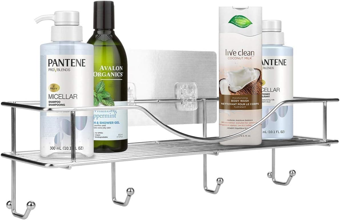 AISHN Bathroom Shelf, Stainless Steel Shower Shelf Kitchen Rack Bathroom Storage Organizer with Towel Hooks Wall Mount Adhesive Shower Caddy No Drilling