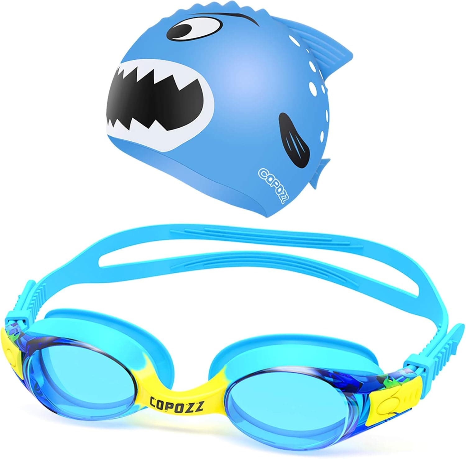 COPOZZ Kids Swimming Goggles Swim Cap Set, Child (Age 4-12) Anti Fog UV for Kid Boys Girls